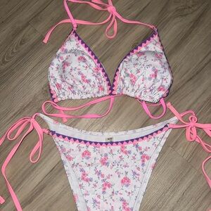Floral Pink And Purple Triangle String Bikini Set